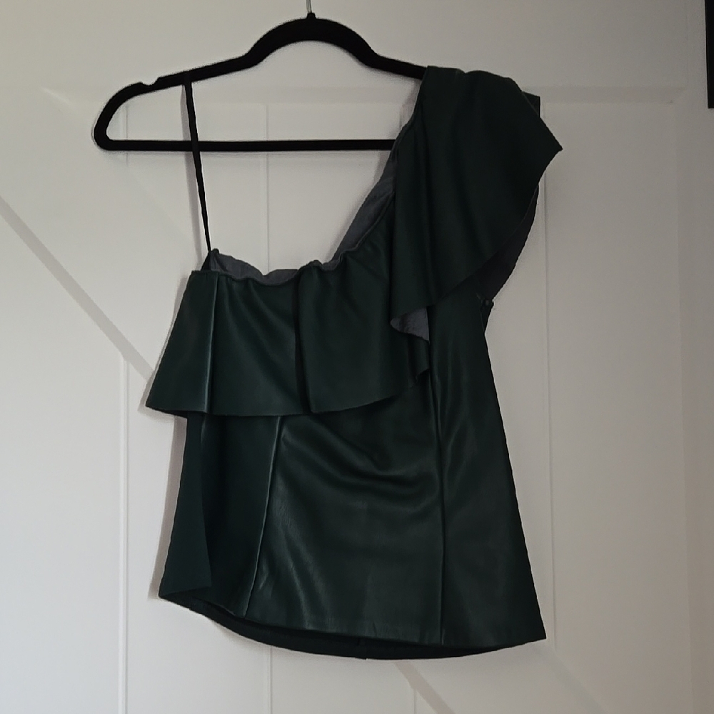 Dark Green One-Shoulder Ruffle Top